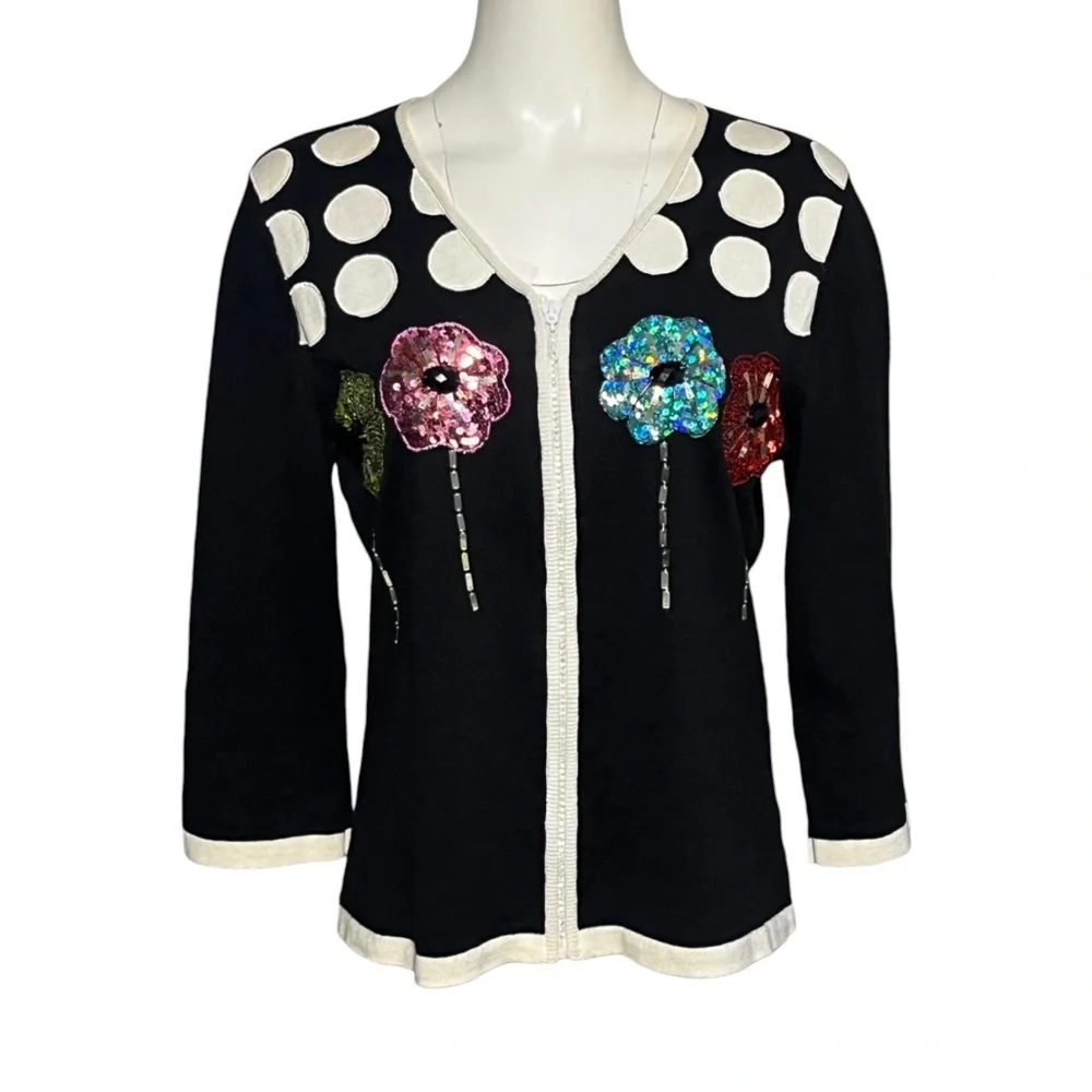 Jack B Quick Vintage Sweater Black Sequin Flower Lightweight Cardigan Size M
